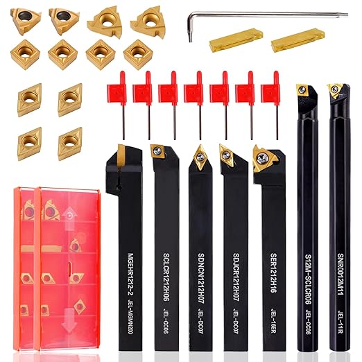 Indexable Lathe Turning Tool 21Pcs Kit 1/2" (12mm) Shank, Includes 7Pcs Metal Lathe Tool Holders and 14Pcs Carbide Inserts for Turning Boring Grooving Cutting Threading Carbide Turning Tool