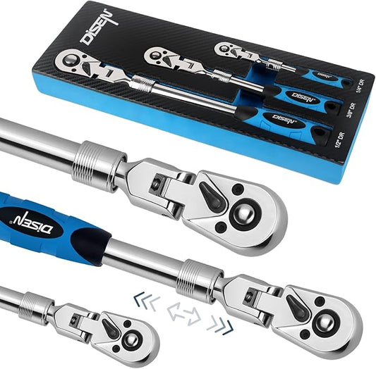 DISEN 3-Piece Extendable Flex-Head Ratchet Wrench Set with EVA Storage Case - 1/4", 3/8", 1/2" Drive, 72-Tooth, Rubber Grip, Adjustable Length - Professional Automotive and DIY Tools