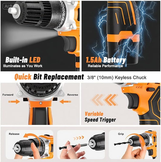 12V Orange Portable Drill Set, 2 Batteries + Fast Charger Included, 2-Speed Control, 3/8" Keyless Chuck, 24+1 Torque Settings, LED Work Light for DIY