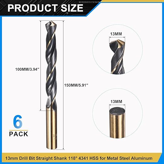 PATIKIL 13mm Drill Bit, Jobber Straight Shank 4341 High-Speed Steel 118째 Black and Gold Finish for Medium-Hard Metal Steel Acrylic - 6 Pack
