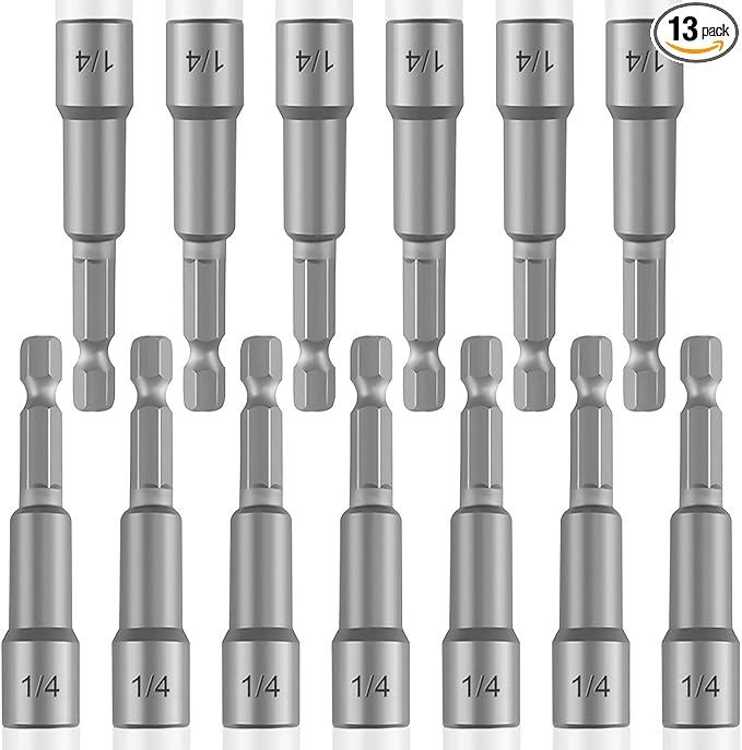 [13 PCS] 1/4 nut driver, 1/4 Ultra magnetic nut driver set for impact drill, Standard British 1/4 impact driver bits, length 2.5 inches (65mm), Different from 6mm nut driver