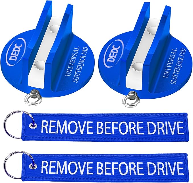 DEDC Universal Pinch Weld Jack Pad 2 Pcs Blue, Magnetic Aluminum Jacking Puck Frame Rail Protecotr with 2 Reminder Streamers, Garage Accessories for Mechanics