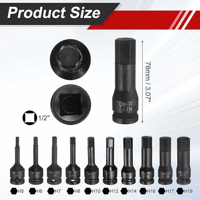 uxcell 1/2 Inch Drive Hex Impact Bit Socket Set H5-H19 Cr-Mo Steel Phosphate Black Lengthen Hex Screwdriver Socket Adapter Kit for Impact Wrenches Hand Tools 10pcs