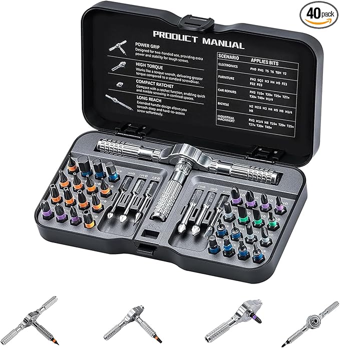 40 In 1 Magnetic Screwdriver Set, DIY Ratchet Screwdriver Set with T Detachable Handle, Portable S2 Alloy Steel Steel Repair Tools for DIY, Electronics, Car, Bicycle, Computer(Black)