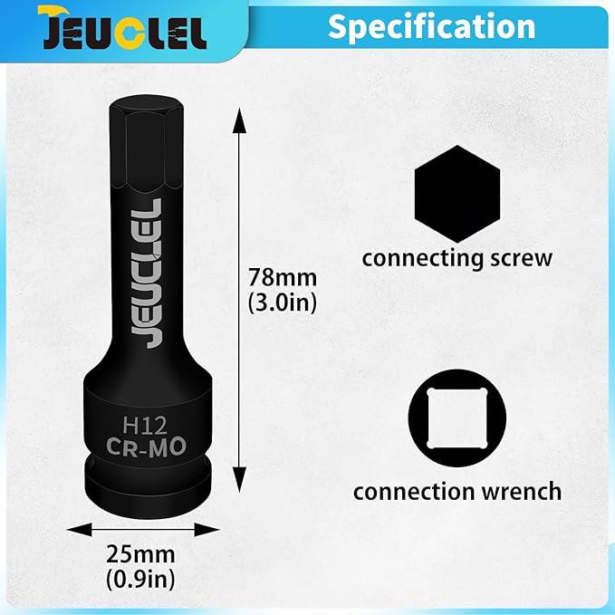 12mm Hex Impact Bit Socket, H12 1/2-Inch Impact Drive Allen Socket, Cr-Mo Steel Lengthen Hex Screwdriver Adapter for Electric Ratchet Wrenches Fastening Screws