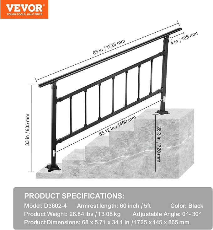 VEVOR Outdoor Stair Railing, Fits for 1-5 Steps Transitional Wrought Iron Handrail, Adjustable Exterior Stair Railing with Fence, Handrails for Concrete Steps with Installation Kit, Matte Black