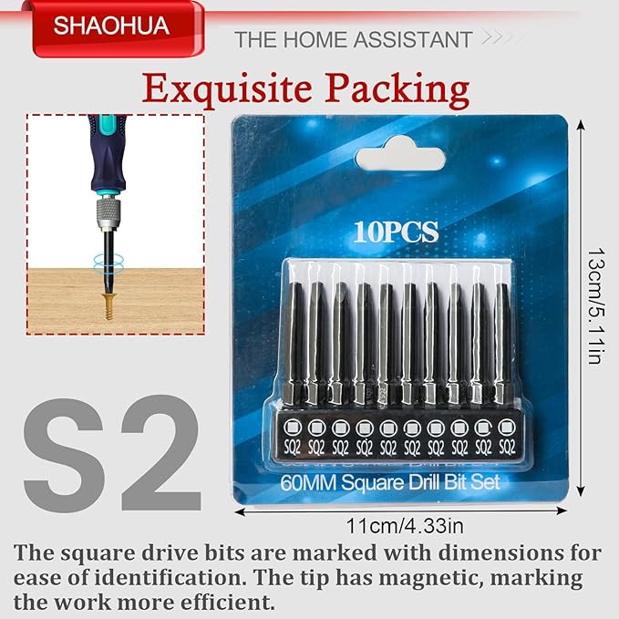 11PCS Square Drive Bits, 10PCS Square Screwdriver Bits and 1PCS 1/4 Hex-Shank Magnetic Bit Driver, 2.3" Long Square Bit #2, S2 Alloy Steel Pocket Hole Jig System SQ2 Bits, SQ2 Impact Driver Bits