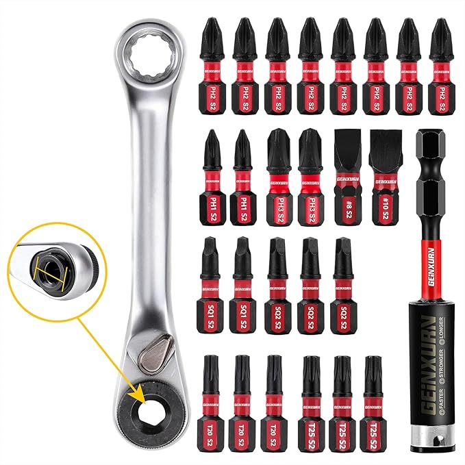 Screwdriver Bit Set with PH1/PH2/PH3/SQ1/SQ2/T20/T25/SL8/SL10 and 1Pcs Impact Bit Holder and Mini Wrench, 27Pieces Impact Rate Insert Driver Bit Set