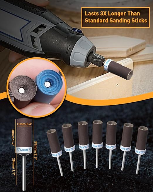 10Pcs 600 Grit Sanding Drums Sandpaper Sticks Set for Dremel Rotary Tool with 1/8" Shank, Rotary Tool Accessories Suitable for Metal Rust Removal/Jade Polishing/Stone Grinding (600 Grit)