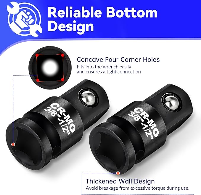 3/8" Female to 1/2" Male Impact Socket Adapter Reducer Set, 2 Pcs Chrome Molybdenum Steel Driver Conversion Adapters, for Sockets and Impact Wrench