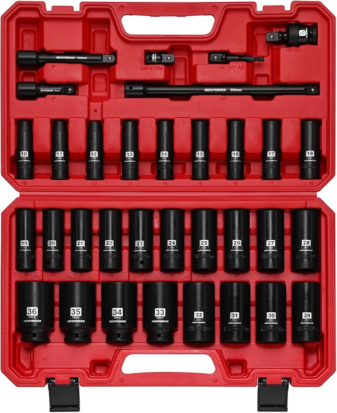 MIXPOWER 33 PCS 1/2??Drive Impact Socket Set, 10 to 36mm Deep Socket, 6-Point Hex Socket with Portable Case,Metric,CR-V&CR-MO Steel