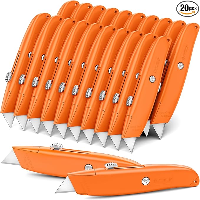 DIYSELF Utility Knife, 20 Pack Heavy Duty Box Cutter Retractable, Box Cutter Knife, Box Opener, Cardboard Cutter, Utility Knives for Garage, Home and Office, PVC Pipe Cutter (Orange)