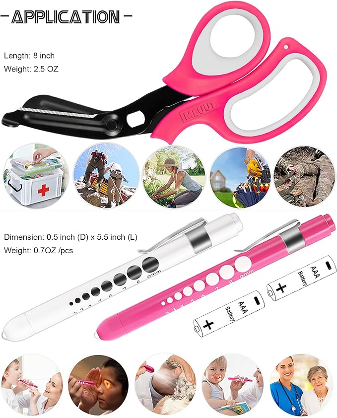 MEUUT 3 Pack Pen light & Medical Scissors-One Pantented Trauma Scissor Two LED Penlight with Pupil Gauge -8" Bandage Scissor for Nurse Doctor EMT