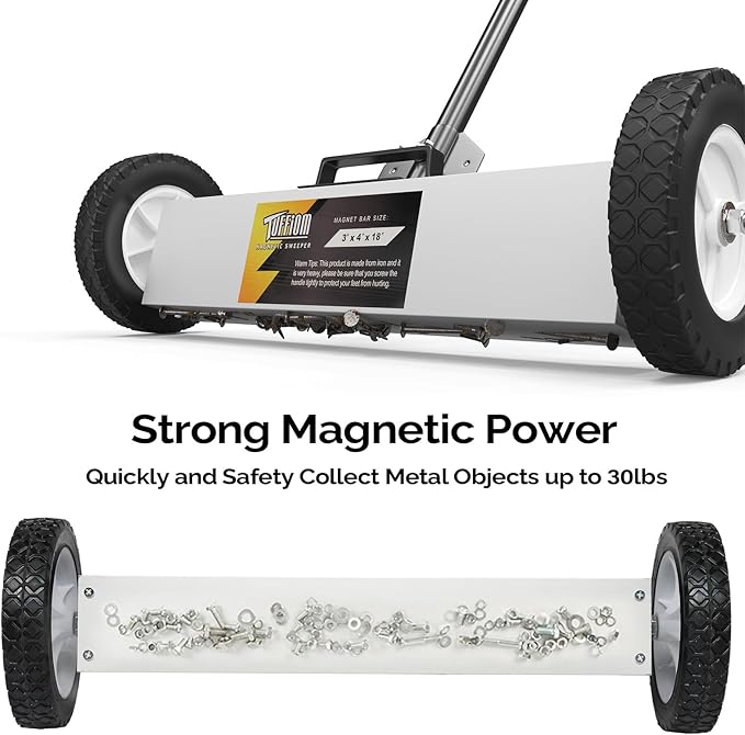 TUFFIOM 18'' Rolling Magnetic Pick-Up Sweeper |45-LBS Capacity, with Quick Release Latch & Adjustable Long Handle, for Nails Needles Screws Collection