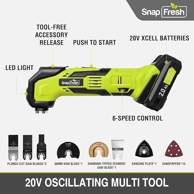 SnapFresh Oscillating Multi Tool Cordless, 20V DIY Tool Kit, 6 Speed, 3.2째Oscillation Angle, Quick-Lock Replaceable, 24pcs Accessories, Battery & Fast Charger, For Scraping, Blades Sanding, Cutting