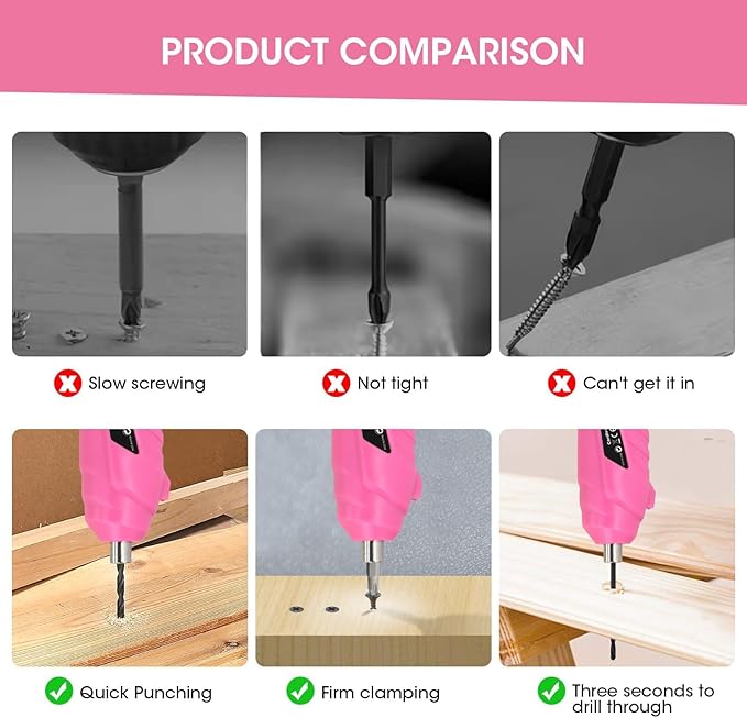 Pink Cordless Electric Screwdriver Set, 3.7V Rechargeable Small Electric Drill with 47pcs Driver Bit Set, Power 3Nm Screw Gun with 2 Position Handle, Flexible Shaft LED Light for Women
