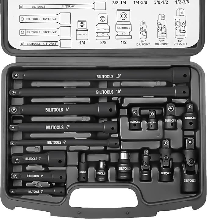 BILITOOLS 18-Piece Impact Socket Extension Set,includes 1/4" 3/8??& 1/2??Drive Extension Bar, Socket Adapter, Universal Joints, Cr-V Steel