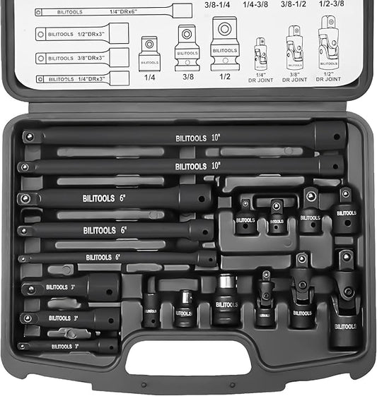 BILITOOLS 18-Piece Impact Socket Extension Set,includes 1/4" 3/8??& 1/2??Drive Extension Bar, Socket Adapter, Universal Joints, Cr-V Steel