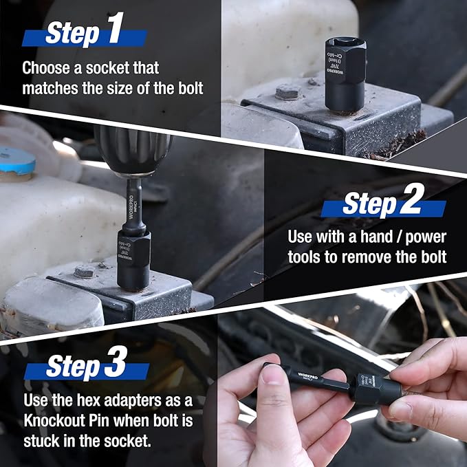 WORKPRO 15 Pieces Impact Bolt & Nut Remover Set, 3/8??Drive Bolt Extractor for Removing Stripped, Damaged, Rounded off and Rusted Bolts & Nuts