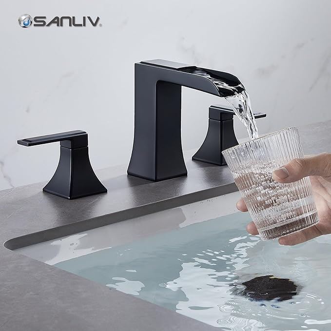 Black Waterfall Bathroom Faucet, Sanliv 3-Piece Widespread Bathroom Faucet for 3-Hole Sinks 4-8 inch, Modern 2-Handle Vanity Faucet with Pop-Up Drain, Matte Black