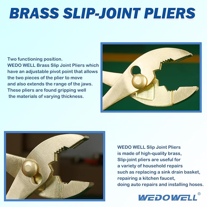 WEDOWELL 8" Brass Slip Joint Pliers,Wire Cutter with Rubber Grip Handle,Combination Pliers,Corrosion-resistance