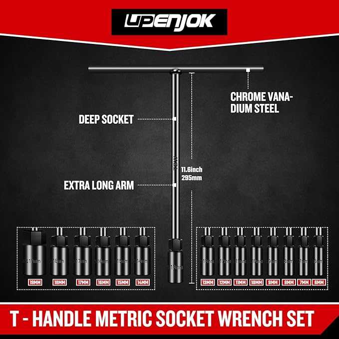 T-Handle Socket Wrench Set, 14-Piece Metric Handle Wrenches -6, 7, 8, 9, 10, 11, 12, 13, 14, 15, 16, 17, 18, 19mm, CR-V Steel, 6-Point Socket handles for Motorcycle Car Bicycle Repairing