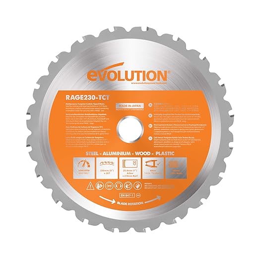 Evolution Power Tools RAGE230BLADE Multi-Material TCT Blade For Saws, Cuts Mild Steel, Aluminum, Plastics and Wood, 9-Inch