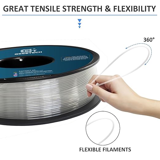 Geeetech TPU Filament 1.75mm, Shore 95A Flexible 3D Printer Filament with High Elasticity, 1KG (2.2lbs) Spool, Dimensional Accuracy 짹0.03mm, Fits Most FDM Printers (Clear/Transparent)