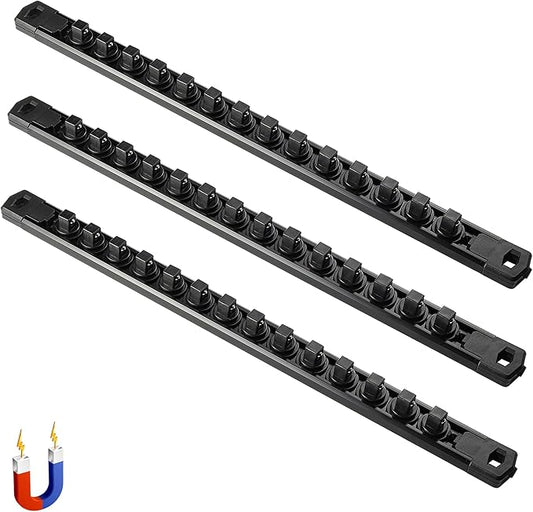 ALOANES 3-Piece Magnetic Socket Organizer, Heavy Duty Aluminum Socket Rails Organizer, 360째 Swivel Clips Socket Rail Set For Sockets Storage, 3/8-Inch Socket Holder x 42 Clips (Black)