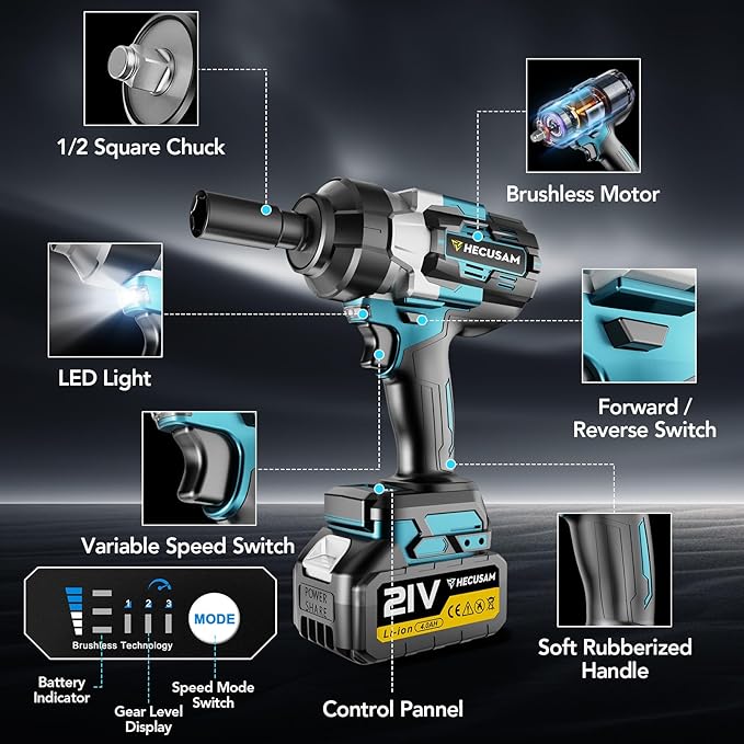 1/2" Cordless Impact Wrench, 1106Ft-lbs (1500N.m) Brushless Impact Gun, 2x4.0Ah Batteries, Max 4200RPM with Reverse Auto-Stop & LED Light for Car Truck Lug Nuts, Auto Repair, Industrial & DIY