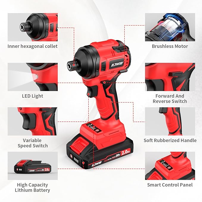 NAWIN Cordless Impact Driver Kit 20V Max Torque 240Nm竊?77ft-lbs竊덳igh Rotation Electric Impact Driver Brushless Motor Continuously Variable Rechargeable 1/4" impact driver 2.0Ah Batteries