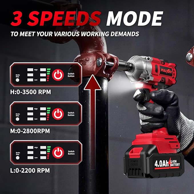 1/2" Cordless Impact Wrench, 406Ft-lbs (550N.m) Brushless Impact Gun Kit with 2x 4000mAh Battery & Fast Charger, 3000RPM High Torque Electric Impact Wrench, Power Impact Driver for Car Home