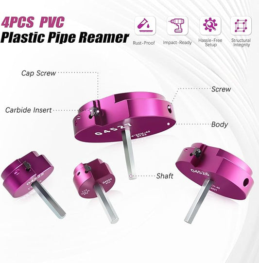 PVC Pipe Reamer Kit 4 PCS 1-1/2", 2", 3", 4" for SCH 40 CPVC & ABS Plastic Fittings ??Fits 1/2" Drills with 3/8" Hex Shaft ??Ideal for Exhaust, Drain & Water Pipe Cleaning, Durable & Heavyduty