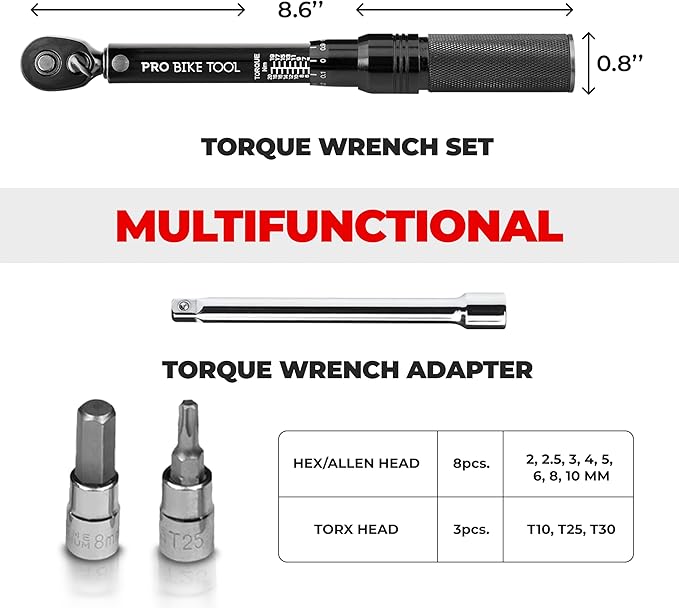 PRO BIKE TOOL Click Bicycle Torque Wrench Set, 2-20 Nm - Includes Storage Box, Allen & Torx Sockets, Extension Bar