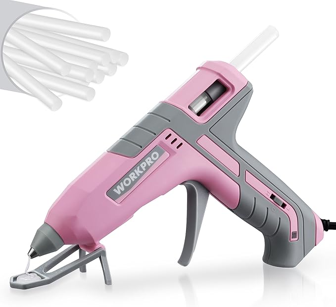 WORKPRO Hot Glue Gun Full Size - 60/100W Dual Temp Glue Gun and Sticks Set with 10 PCS Glue Sticks (7/16") - 90S Fast Preheating Hot Glue Gun for Construction, Crafting, DIY and Repairs - Pink Ribbon