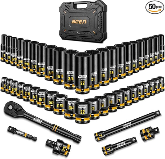 boen 3/8'' Drive Impact Socket Set, 50PCS Standard SAE (5/16 to 3/4 inch) and Metric (8mm-22mm), Deep & Shallow Size, 6-Point with Yellow Embossed Marking, CR-MO