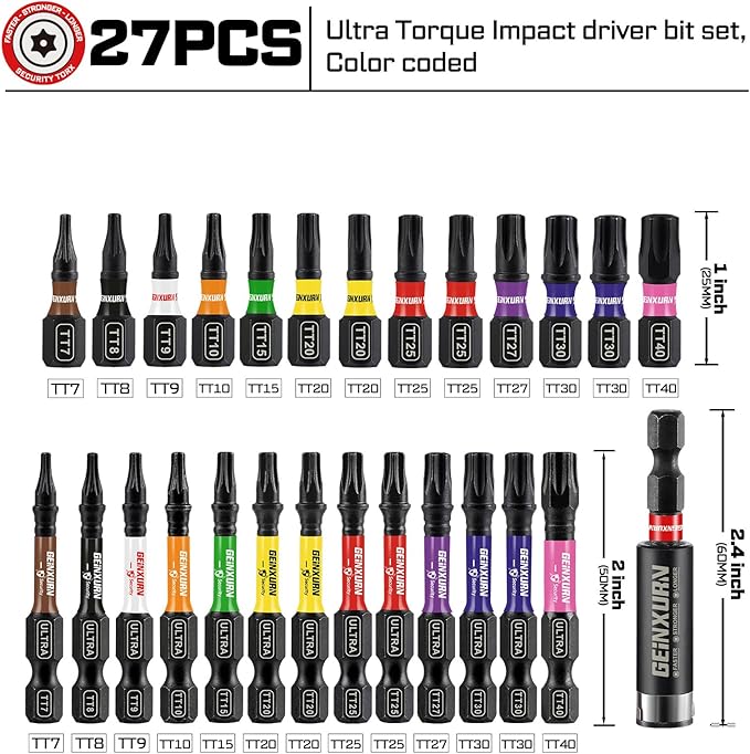 Impact Security Torx Screwdriver Bits Set,26Pcs 1??2?쒶agnetic竊늇T7-TT40竊뎂2 Steel Multi Star Driver Bits and 1Pc Bit Holder with Color Coded Base