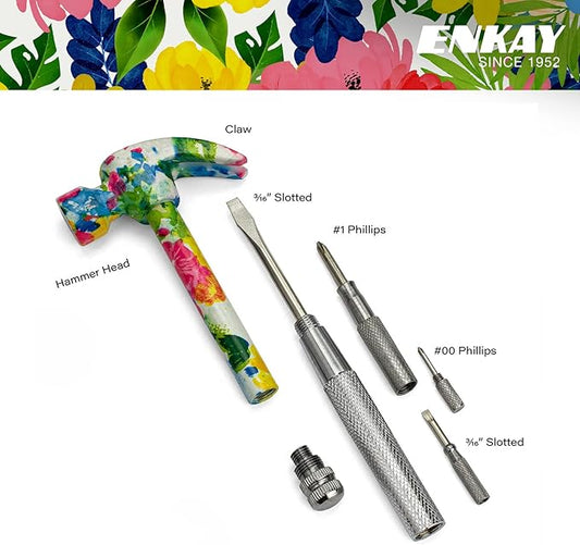 ENKAY - 6 in 1 Floral Hammer and Screwdriver, Multifunction Claw Hammer Tool with Flower Print (Pattern 1)
