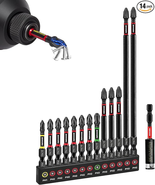 13pcs Impact #1#2#3 Phillipes Screwdriver Bits Set, 2??3??6??(PH1/PH2/PH3) Magnetic S2 Steel Cross Driver Bits Set and 1pc 3??Impact Bit Holder with Color Coded Base