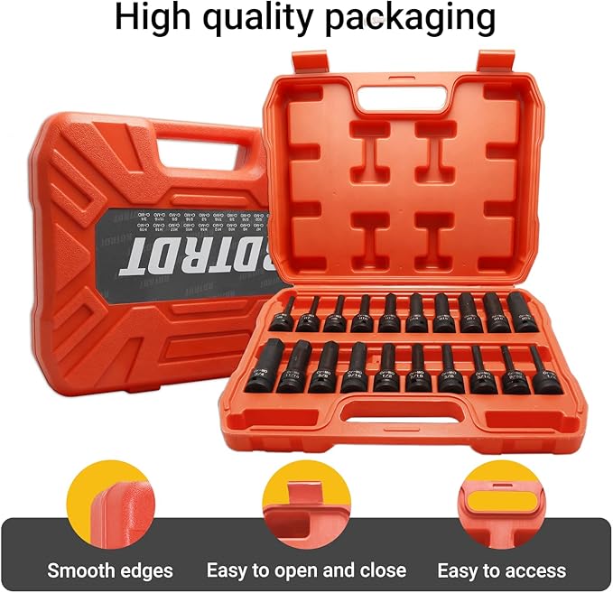 20Pcs 1/2" Drive Master Impact Hex Bit Set, Hex Driver, SAE/Metric, 1/4" - 3/4", 6mm - 19mm, Allen Bit Socket Set,Cr-Mo Steel, One-Piece Construction
