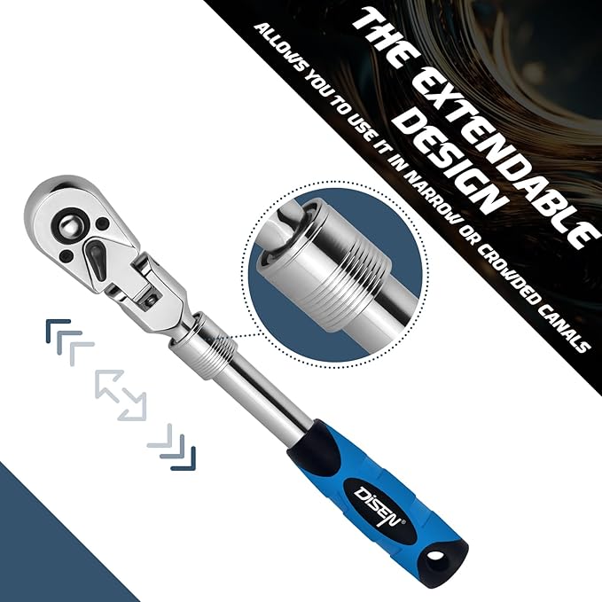 DISEN 3-Piece Extendable Flex-Head Ratchet Wrench Set with EVA Storage Case - 1/4", 3/8", 1/2" Drive, 72-Tooth, Rubber Grip, Adjustable Length - Professional Automotive and DIY Tools