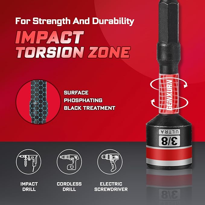 Impact Nut Driver Set, 16 Pieces 2.56?쒵ong 3/8?? Point Alloy Steel Magnetic SAE Nut Setter Set Use For Require Installing 1/4 Hex Shank Impact Driver with Portable Storage Cases