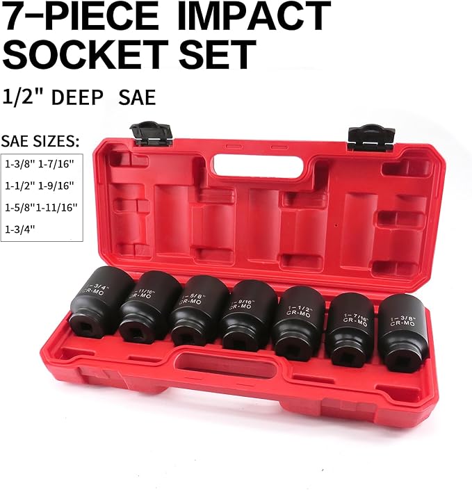 1/2 Inch Drive Deep Impact Socket Set, 6-Point, SAE(1/2 Drive 1-3/8"to1-3/4"), 7 PCS, Cr-Mo, Heavy Duty Impact Socket Set, with a strong case