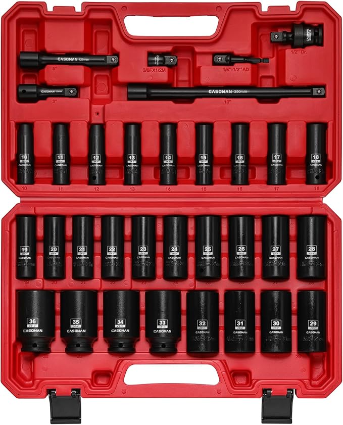 CASOMAN 33 PCS 1/2" Drive Deep Impact Socket Set with Case, 6-Point, 10mm - 36mm, Metric, Include Extension Bars, Drill Adapter and Universal Joint