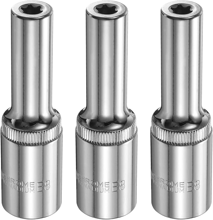 HARFINGTON 3pcs E-Torx Socket 1/2" Drive E8 Star Female Socket 3.1" Length External Torx Deep Sleeve Chrome Plating 6 Point Spline Sleeve for Auto Repairs Home Maintenance