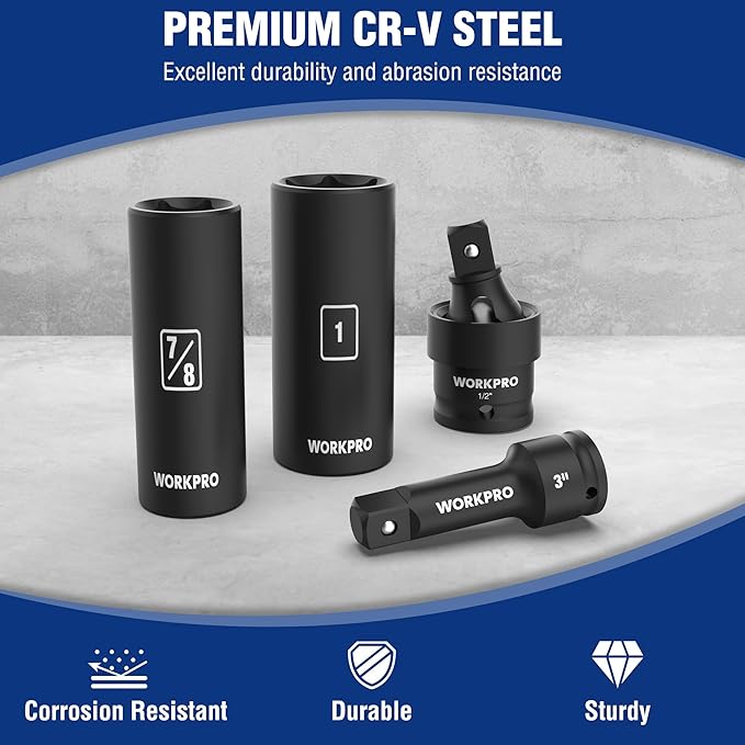 WORKPRO 20-Piece 1/2竊?Drive Deep Impact Socket Set, 6-Point, Cr-V Steel, 10-27mm, Universal Joint, Adapter and Extension Bar, SAE