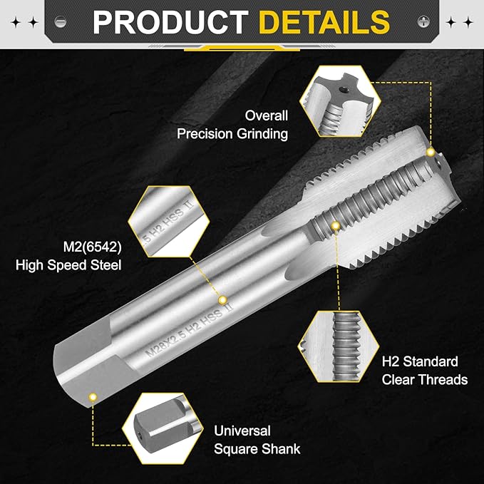 uxcell Hand Plug Tap M28 x 2.5 H2 Metric Thread Plug Style Taps Straight Flute Screw Tapping Threading Tool High Speed Steel HSS6542