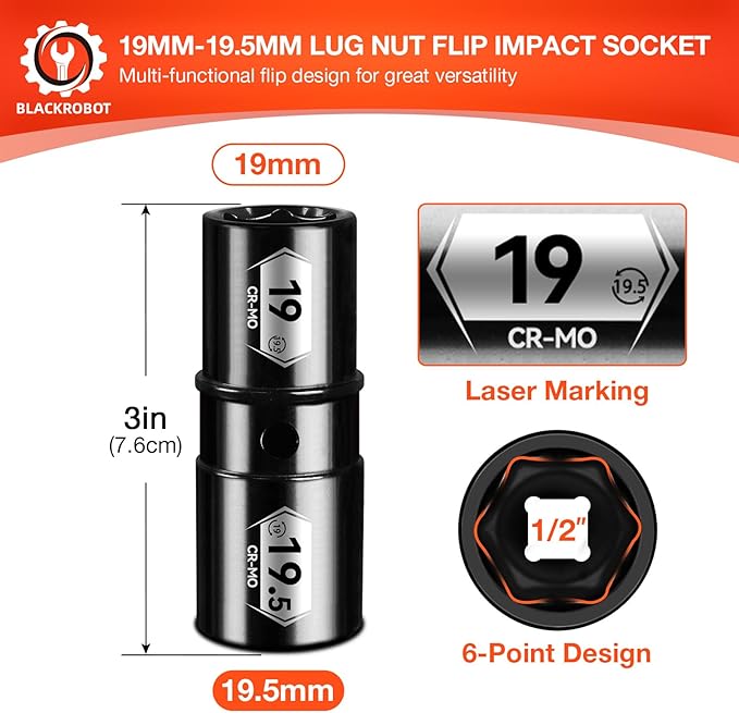 BLACKROBOT 1/2" Drive 19mm x 19.5mm Impact Lug Nut Socket, 6-Point Lug Nut Removal Tool, CR-MO, Electroplated Surface for Auto Repair