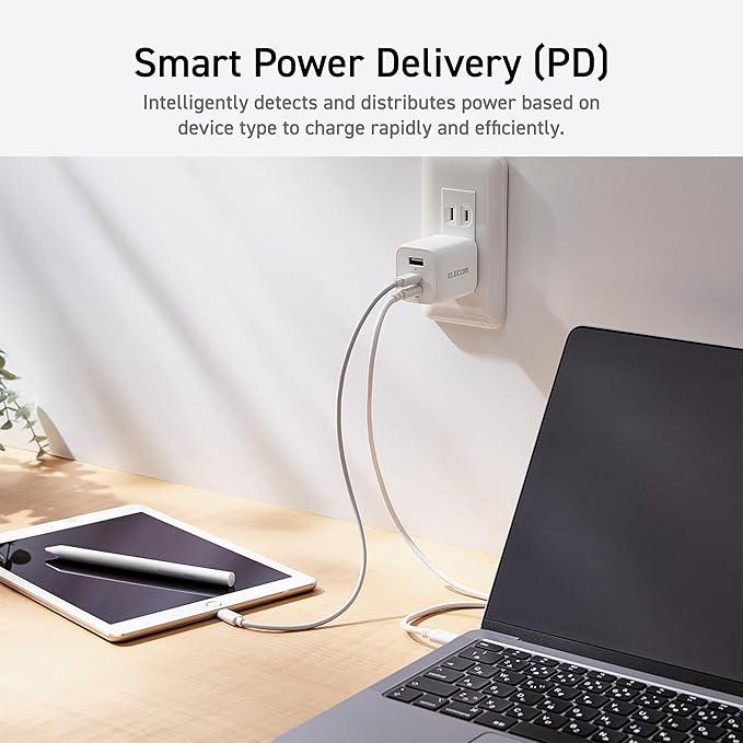 ELECOM 65W USB C Wall Charger Block, 3 Multi Port GaN II Fast Charging, Light Compact Power Adapter for Multiple Devices, iPhone, Laptop, Tablet, iPad, Airpods, Watch, Speakers, Samsung (White)