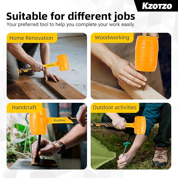 16oz Rubber Mallet Hammer, Fiberglass Handle, Rubber Mallet for Flooring, Tent Stakes, Woodworking, Camping, Soft Blow Tasks without Damage， 2025 upgraded seamless rubber hammer（yellow） (16OZ)